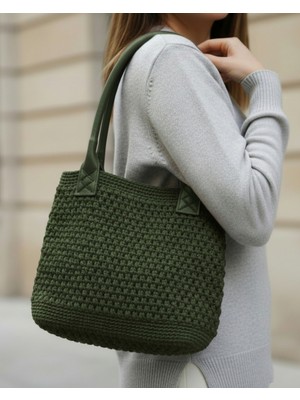 Makrome El Örgüsü Deri Askılı Büyük Boy Özel Tasarım Omuz Çantası Haki