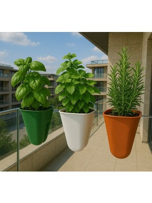 Balkon Cam ve Korkuluk Uyumlu Askılı 3D Tasarım Saksı - 3'lü Set Dekoratif Saksı