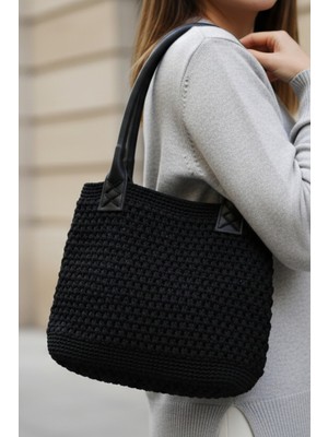 Makrome El Örgüsü Deri Askılı Özel Tasarım Siyah Omuz Çantası Siyah