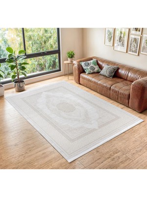 Cinka Home Modern Tasarımlı Halı Yumuşak Doku Saçaklı Tozumaz Tüylenmez Klasik Salon Oturma Odası 7105 Kemik