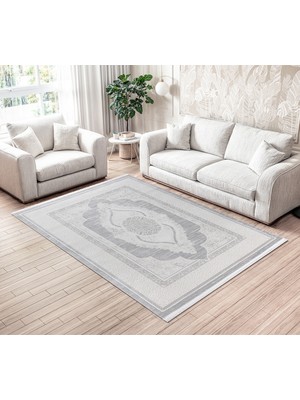 Cinka Home Modern Tasarımlı Halı Yumuşak Doku Saçaklı Tozumaz Tüylenmez Klasik Salon Oturma Odası 7105 Gri