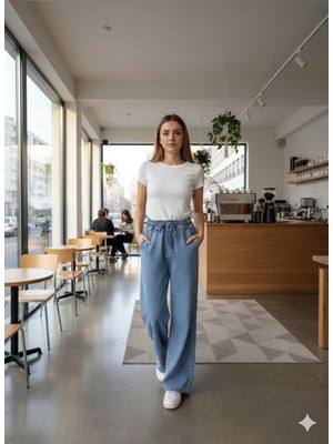 Bees Jeans Camelia Kadın Açık Mavi Beli Lastikli Bagcıklı Cepli Bol Paça Palazzo Kot Pantolon - Tesettüre Uygun