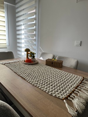 Home Makrome El Örgüsü Püsküllü Krem Tek Parça Runner-Yemek Masası ve Konsol Örtüsü (50X100)