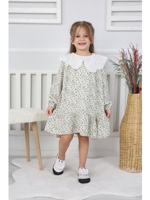 Butik Kız Çocuk Çiçek Desenli Fistolu Yaka Elbise – Uzun Kollu Pamuklu Günlük Şık Kız Çocuk Elbisesi