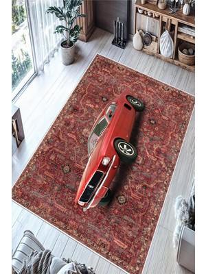 Pelura Halı Vintage Desenli Araba Motifli Baskılı Kaymaz Yıkanabilir Salon Oturma Odası Antre Halısı Yolluk