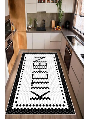 Pelura Halı Siyah Beyaz Kitchen Yazılı Dijital Baskılı Kaymaz Yıkanabilir Mutfak Halısı Yolluk