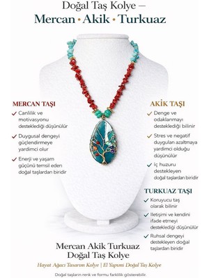 Solare Accessories Mercan, Akik ve Turkuaz Doğal Taşlı Hayat Ağacı Tasarım Kolye