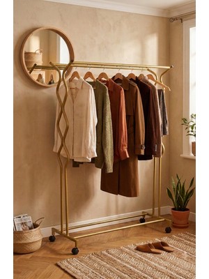 Arvion Home Modern Gold Kuğ Çift Bölmeli Tekerlekli Metal Elbise Askısı Tekerlekli Konfeksiyon Askılık Stand