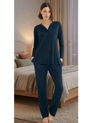 Biçomi Bicomi Önden Düğmeli, Kolay Kullanım Gece Mavisi Şık Pijama Seti