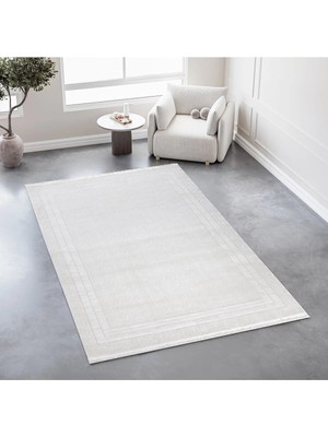 Cinka Home Modern Tasarımlı Halı Yumuşak Doku Saçaklı Tozumaz Tüylenmez Klasik Salon Oturma Odası 7107 Kemik