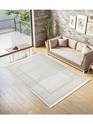 Cinka Home Modern Tasarımlı Halı Yumuşak Doku Saçaklı Tozumaz Tüylenmez Klasik Salon Oturma Odası 7109 Kemik