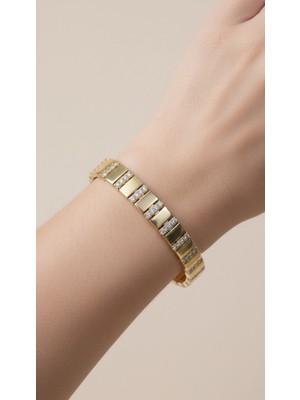 Lune Design Italyan Model Zirkon Taşlı Plaka Detaylı Ayarlanabilir Gold Çelik Bileklik ​