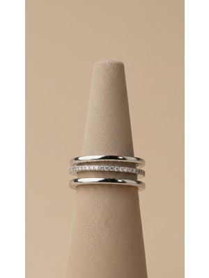 Lune Design Gümüş Renk Çelik Ayarlanabilir Üç Sıralı Zirkon Taşlı Yüzük