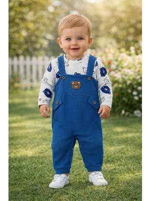 Unisex Bebek Ayıcık Desenli Salopet Takım – 2 Parça Uzun Kollu Bebek Takımı