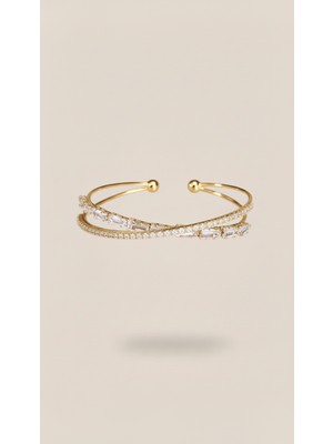 Lune Design Altın Renk Zirkon ve Baget Taşlı Paslanmaz Çelik Ayarlanabilir Çapraz Kelepçe Bileklik