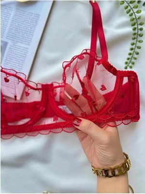 Kadın Iç Çamaşır Takımı Balenli Kapsız Tül Kalp Fantezi Fantazi Takımı Sütyen ve Tangalı Set Kırmed