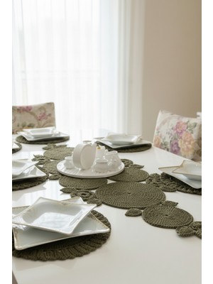 Home Makrome El Örgüsü Haki 7 Parça Runner/supla Seti-Yemek Masası ve Konsol Örtüsü (40X150)