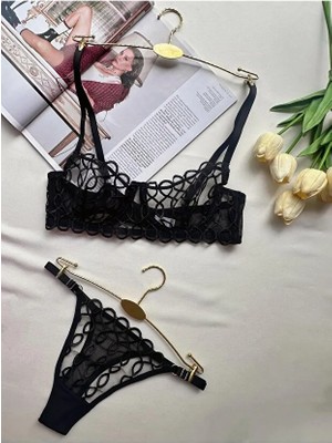 Siyah Tangalı Iç Çamaşır Sütyen Takımı Balenli Kapsız Tül Desenli Fantezi Fantazi Tanga Takımı (Sütyen Tanga) Kırmed
