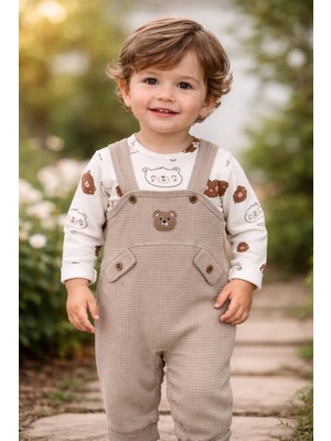 Unisex Bebek Ayıcık Desenli Salopet Takım – 2 Parça Uzun Kollu Bebek Takımı