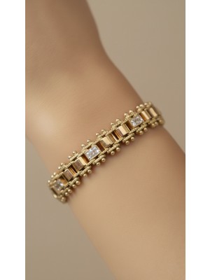 Lune Design Işıltılı Zirkon Taşı Detaylı Künye Modeli Çelik Bileklik