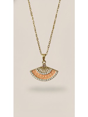 Lune Design Yarım Ay Yelpaze Motifli Turuncu Mineli, Altın Kaplama Pirinç Uçlu Çelik Kolye