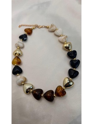 Lune Design Gold Detaylı Lacivert Kahverengi Mermer Desenli Kalp Kolye