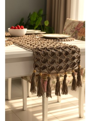 Home Makrome El Örgüsü Püsküllü Vizon 7 Parça Runner/supla Seti - Yemek Masası ve Konsol Örtüsü (30X150)