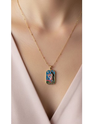 Lune Design Empress Temalı Mineli Plaka, Altın Kaplama Pirinç Uçlu Top Zincir Çelik Kolye