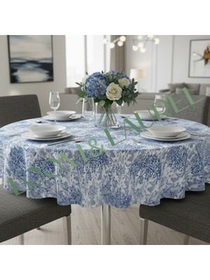 LOOM & LAUREL Yüksek Kaliteli Desenli Jakarlı Dokuma Kumaş Yuvarlak 160 x 160 Masa Örtüsü Mavi Ağırlıklı

