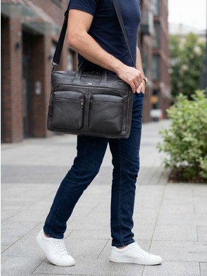 Huflex Hakiki Deri Unisex Siyah Laptop & Evrak Portföy Çantası(38 * 26 Cm)