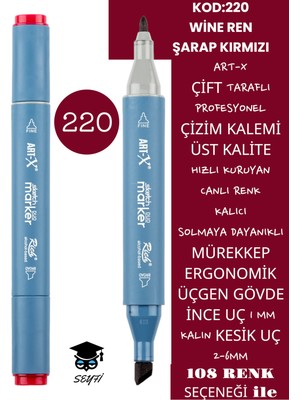 Art-x Çift Taraflı Profesyonel Çizim Kalemi Kalıcı Mürekkep Üçgen Gövde Ince Uç 1 mm Kesik Uç 2-6mm Sketch
