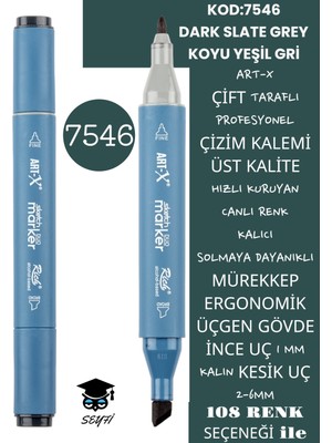 Art-x Çift Taraflı Profesyonel Çizim Kalemi Kalıcı Mürekkep Üçgen Gövde Ince Uç 1 mm Kesik Uç 2-6mm Sketch