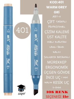 Art-x Çift Taraflı Profesyonel Çizim Kalemi Kalıcı Mürekkep Üçgen Gövde Ince Uç 1 mm Kesik Uç 2-6mm Sketch