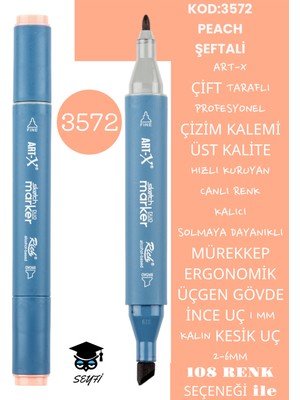 Art-x Çift Taraflı Profesyonel Çizim Kalemi Kalıcı Mürekkep Üçgen Gövde Ince Uç 1 mm Kesik Uç 2-6mm Sketch
