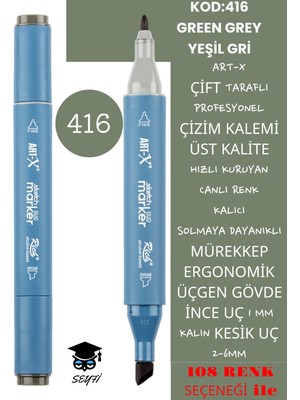 Art-x Çift Taraflı Profesyonel Çizim Kalemi Kalıcı Mürekkep Üçgen Gövde Ince Uç 1 mm Kesik Uç 2-6mm Sketch
