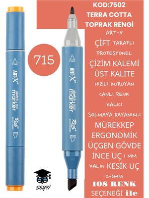 Art-x Çift Taraflı Profesyonel Çizim Kalemi Kalıcı Mürekkep Üçgen Gövde Ince Uç 1 mm Kesik Uç 2-6mm Sketch