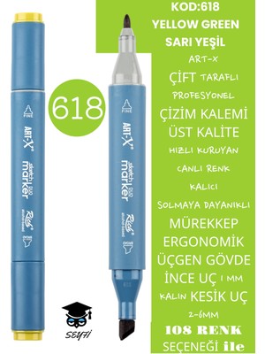 Art-x Çift Taraflı Profesyonel Çizim Kalemi Kalıcı Mürekkep Üçgen Gövde Ince Uç 1 mm Kesik Uç 2-6mm Sketch