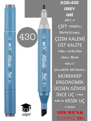 Art-x Çift Taraflı Profesyonel Çizim Kalemi Kalıcı Mürekkep Üçgen Gövde Ince Uç 1 mm Kesik Uç 2-6mm Sketch