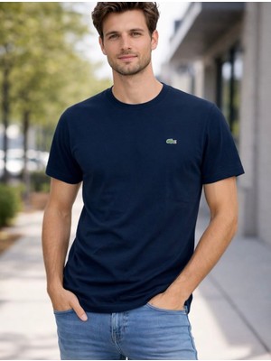 Aura Boutique Moda Erkek Lacivert Basic Timsah Logo Nakışlı Bisiklet Yaka Kısa Kollu Tişört