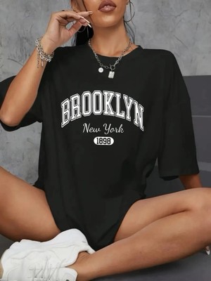 Nemere Brooklyn Harf Baskılı Düşük Omuzlu T-Shirt, Rahat Kısa Kollu Bol T-Shirt,   Giyim - Siyah