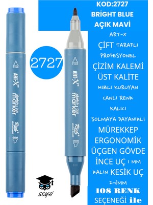 Art-x Çift Taraflı Profesyonel Çizim Kalemi Kalıcı Mürekkep Üçgen Gövde Ince Uç 1 mm Kesik Uç 2-6mm Sketch
