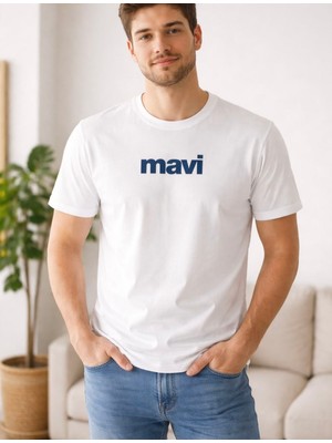 Aura Boutique Moda Erkek Beyaz Logo Baskılı Basic Bisiklet Yaka Pamuk T-Shirt