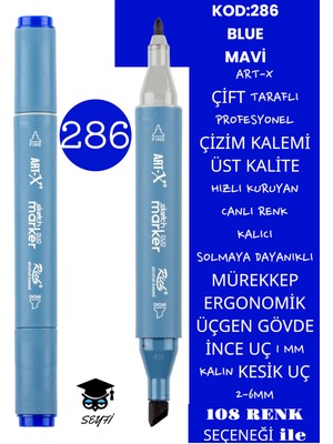 Art-x Çift Taraflı Profesyonel Çizim Kalemi Kalıcı Mürekkep Üçgen Gövde Ince Uç 1 mm Kesik Uç 2-6mm Sketch