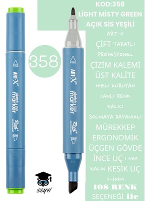 Art-x Çift Taraflı Profesyonel Çizim Kalemi Kalıcı Mürekkep Üçgen Gövde Ince Uç 1 mm Kesik Uç 2-6mm Sketch