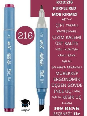Art-x Çift Taraflı Profesyonel Çizim Kalemi Kalıcı Mürekkep Üçgen Gövde Ince Uç 1 mm Kesik Uç 2-6mm Sketch