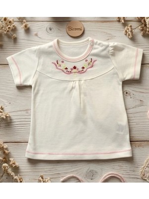 Biçomi Bicomi Kaşındırmayan Etiketsiz Tasarım Nakışlı Kısa Kollu Bebek Seti