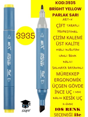 Art-x Çift Taraflı Profesyonel Çizim Kalemi Kalıcı Mürekkep Üçgen Gövde Ince Uç 1 mm Kesik Uç 2-6mm Sketch