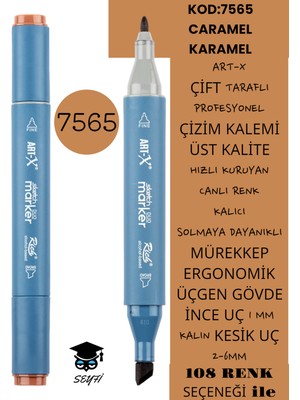 Art-x Çift Taraflı Profesyonel Çizim Kalemi Kalıcı Mürekkep Üçgen Gövde Ince Uç 1 mm Kesik Uç 2-6mm Sketch