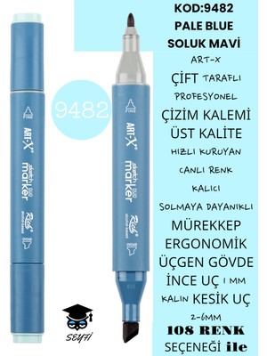 Art-x Çift Taraflı Profesyonel Çizim Kalemi Kalıcı Mürekkep Üçgen Gövde Ince Uç 1 mm Kesik Uç 2-6mm Sketch