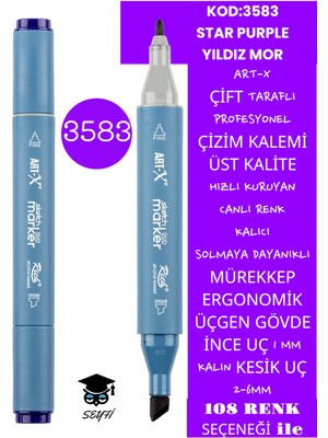 Art-x Çift Taraflı Profesyonel Çizim Kalemi Kalıcı Mürekkep Üçgen Gövde Ince Uç 1 mm Kesik Uç 2-6mm Sketch